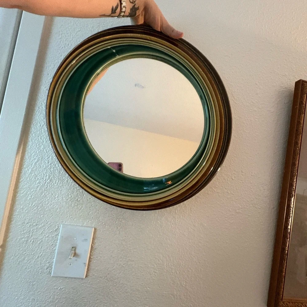 Jim Beam Handcrafted PNW Ceramic pottery Art Hanging Wall Mirror teal and brown